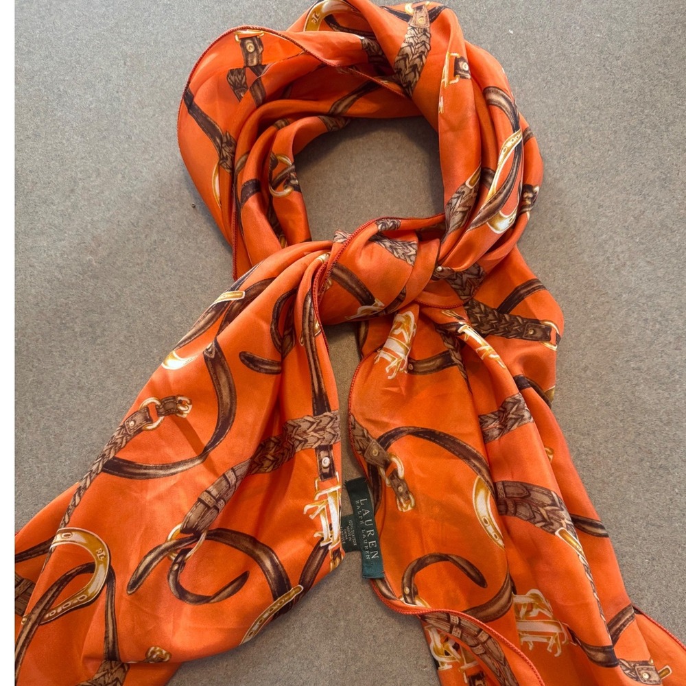 Lauren Ralph Lauren 100% Silk ScarfOrange Equestrian Rectangular Wavy READ